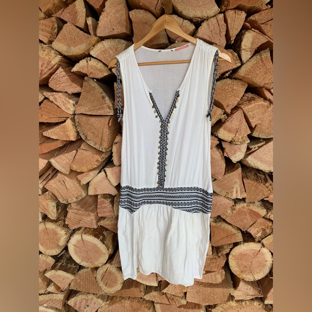 Cotton Sleeveless Boho Tunic Dress White Black Embroidery‎ Medium